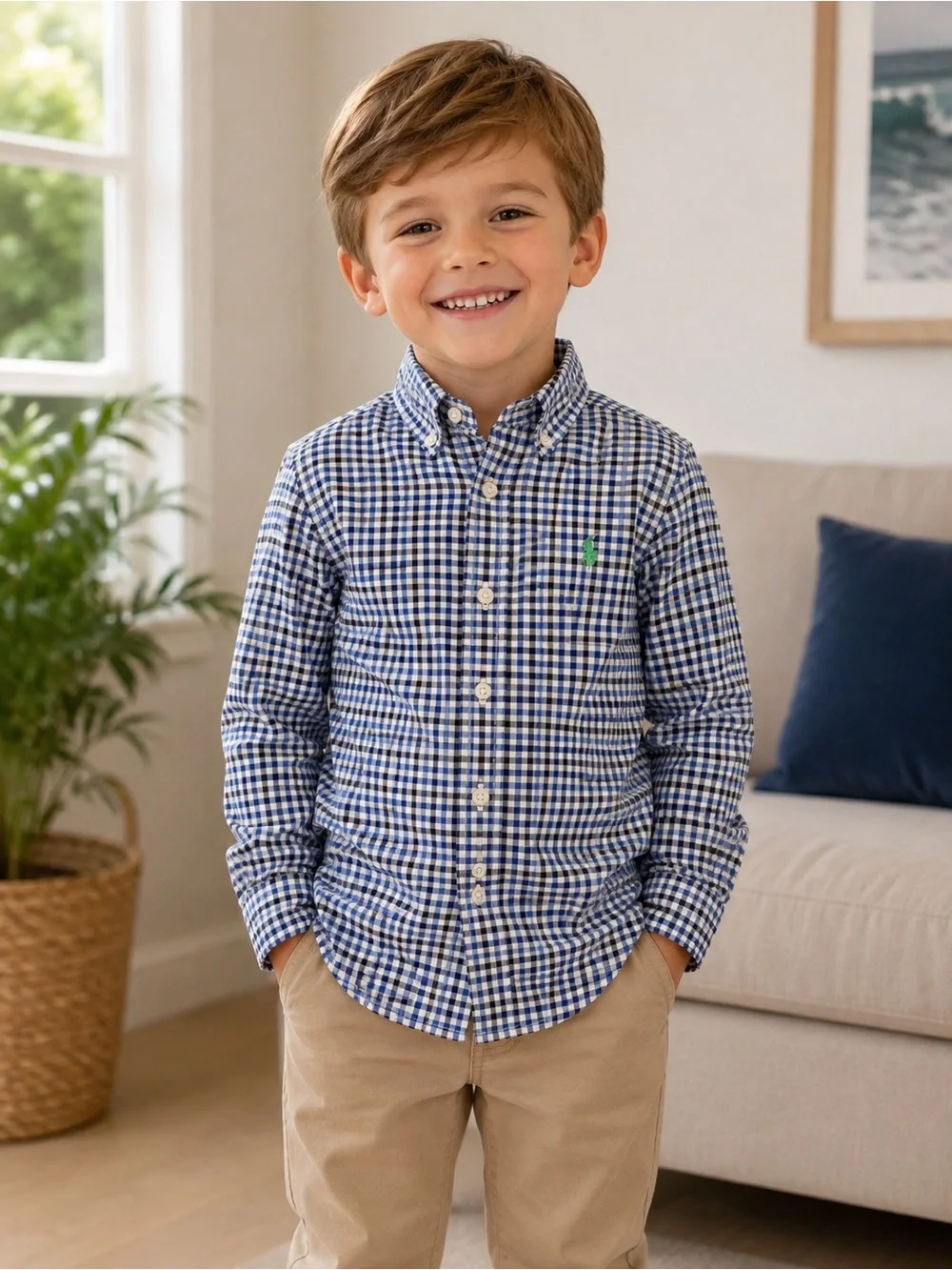 Ralph Lauren Boys' Gingham Button-Down Shirt. Size 5